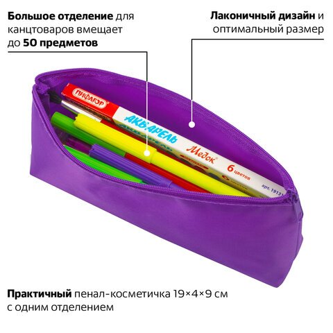 Пенал-косметичка ПИФАГОР на молнии, текстиль, фиолетовый, 19×4×9 см, 229003
