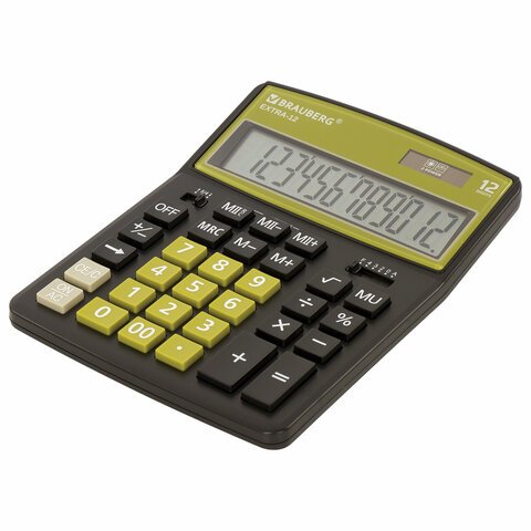 Калькулятор настольный BRAUBERG EXTRA-12-BKOL (206×155 мм), 12 разрядов, двойное питание, ЧЕРНО-ОЛИВКОВЫЙ
