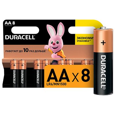 Батарейки КОМПЛЕКТ 8 шт., DURACELL Basic ОРИГИНАЛ, AA (LR6, 15А), алкалиновые, пальчиковые