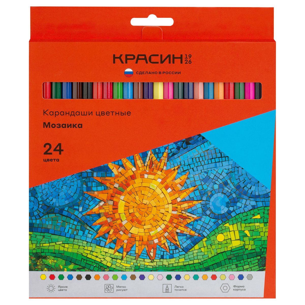 превью Карандаши цветные Красин «Мозаика», 24цв., шестигран., заточен., картон, европодвес