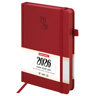 Ежедневник датированный 2026, А5, 138×213 мм, BRAUBERG «Plain», под кожу, резинка, держатель для ручки, красный