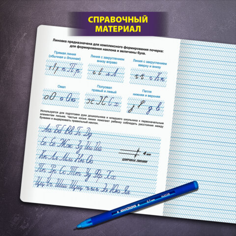Тетрадь УЧУСЬ ПИСАТЬ №1 12л. частая косая линия С ДОПОЛНИТЕЛЬНОЙ ГОРИЗОНТАЛЬНОЙ, со справочным материалом, ЮНЛАНДИЯ