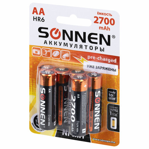 Батарейки аккумуляторные Ni-Mh пальчиковые КОМПЛЕКТ 6 шт., АА (HR6) 2700 mAh, SONNEN