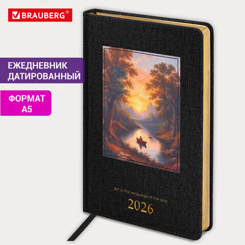 Ежедневник датированный 2026 А5 138×213 мм, BRAUBERG «ArtGallery», под кожу, нашивка, черный