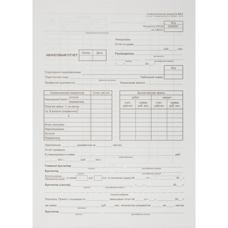 Бланк Авансовый отчет форма АО-1 А4 1у/5кн по 100л газетка(упаковка крафт)