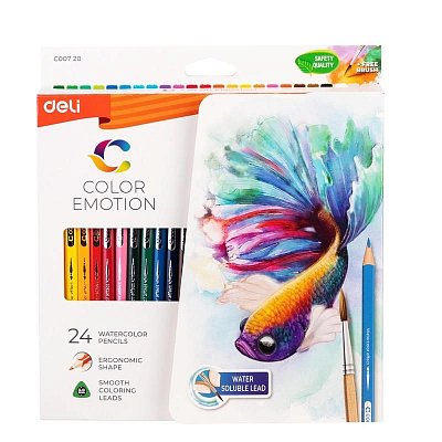 Карандаши цветные акварельные Deli Color Emotion трехгранные 24 цвета с кистью