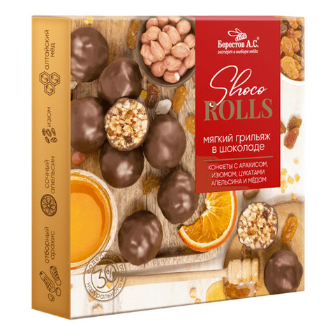 превью Конфеты-грильяж в шоколаде «Shoco Rolls» с арахисом, изюмом, цукатами, апельсином и медом, 135 г, БЕРЕСТОВ А. С. 