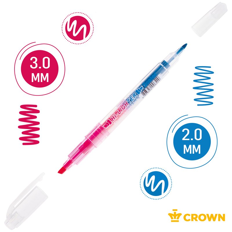 Текстовыделитель двухсторонний Crown «Multi Hi-Lighter Twin» розовый/голубой, 3/2мм
