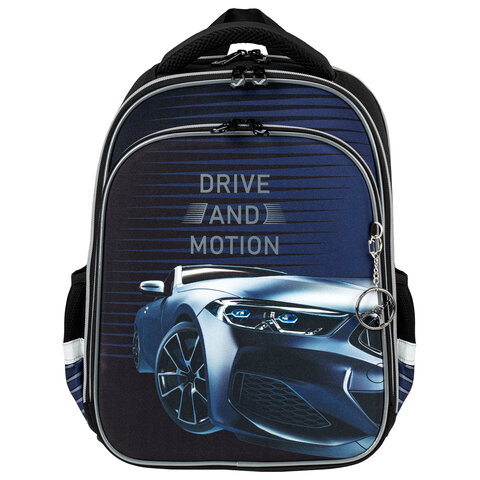 Ранец BRAUBERG QUADRO, 3 отделения, с брелоком, «Sport car», LED-ЛАМПОЧКИ, 37×28х18 см