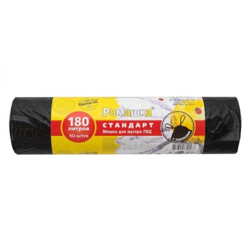 превью Мешки для мусора на 180 л с завязками Стандарт черные (ПВД, 30 мкм, в рулоне 10 шт, 90×110 см)
