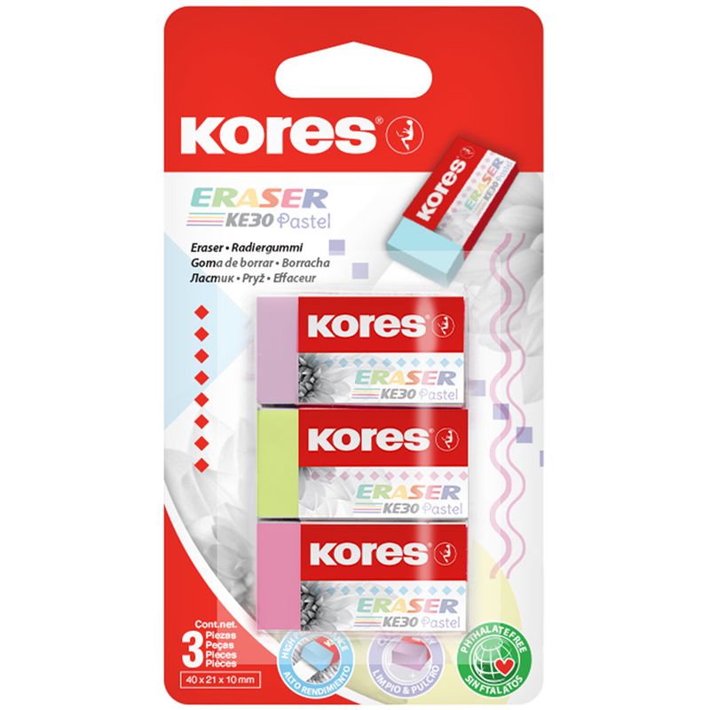 Ластик Kores KE-30 ПВХ прямоугольный 40×21×10 мм (3 штуки в упаковке)
