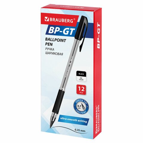 Ручка шариковая BRAUBERG «BP-GT», ЧЕРНАЯ, корпус прозрачный, евронаконечник 0.7 мм, линия письма 0.35 мм
