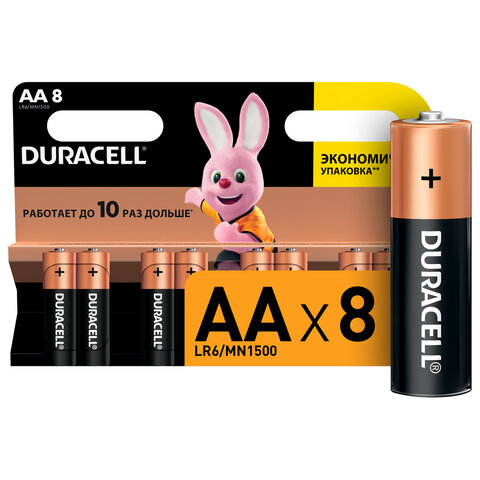 превью Батарейки КОМПЛЕКТ 8 шт., DURACELL Basic ОРИГИНАЛ, AA (LR6, 15А), алкалиновые, пальчиковые