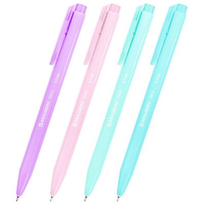 Ручка шариковая автоматическая BRAUBERG «TRIOS PASTEL COLOR», СИНЯЯ, корпус ассорти, пишущий узел 0.5 мм, линия письма 0.3 мм