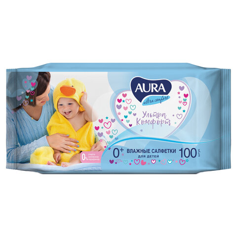 превью Салфетки влажные КОМПЛЕКТ 100 шт., для детей AURA «Ultra comfort», универсальные, очищающие, гипоаллергенные, без спирта