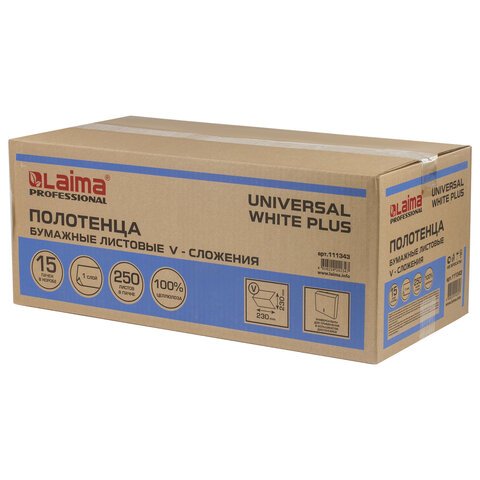 Полотенца бумажные 250 шт. LAIMA (Система H3)UNIVERSAL WHITE PLUS1-слойныебелыеКОМПЛЕКТ 15 пачек23×23V-сложение111343