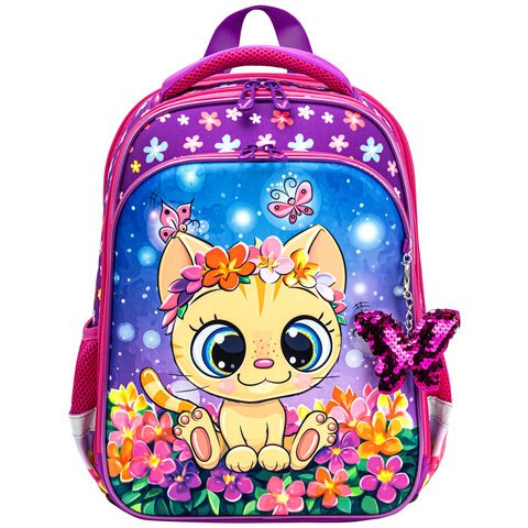 Ранец BRAUBERG QUADRO, 3 отделения, с брелком, «Charming kitten», 37×28х18 см
