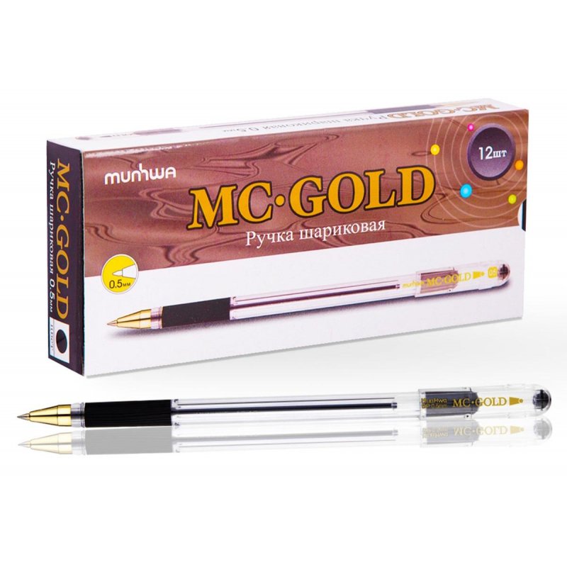 Ручка шариковая масляная с грипом MUNHWA «MC Gold», ЧЕРНАЯ, корпус прозрачный, узел 0.5 мм, линия письма 0.3 мм