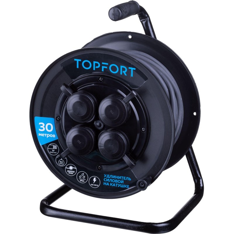 превью Удлинитель Topfort пласт. КГ 3×2.5 кв. мм 30м 16А 4 гнезда с/з., с/загл., IP44