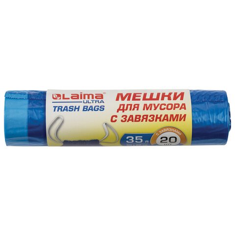 превью Мешки для мусора с завязками LAIMA «ULTRA» 35 лсиние20 шт. особо прочныеПВД 20 мкм50×60 см607689