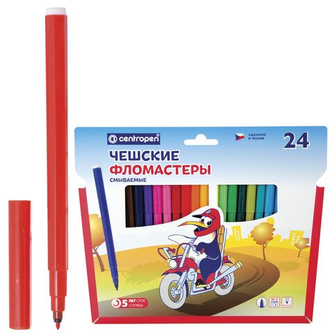Фломастеры CENTROPEN, 24 цвета, «Пингвины», смываемые, вентилируемый колпачок, полибег