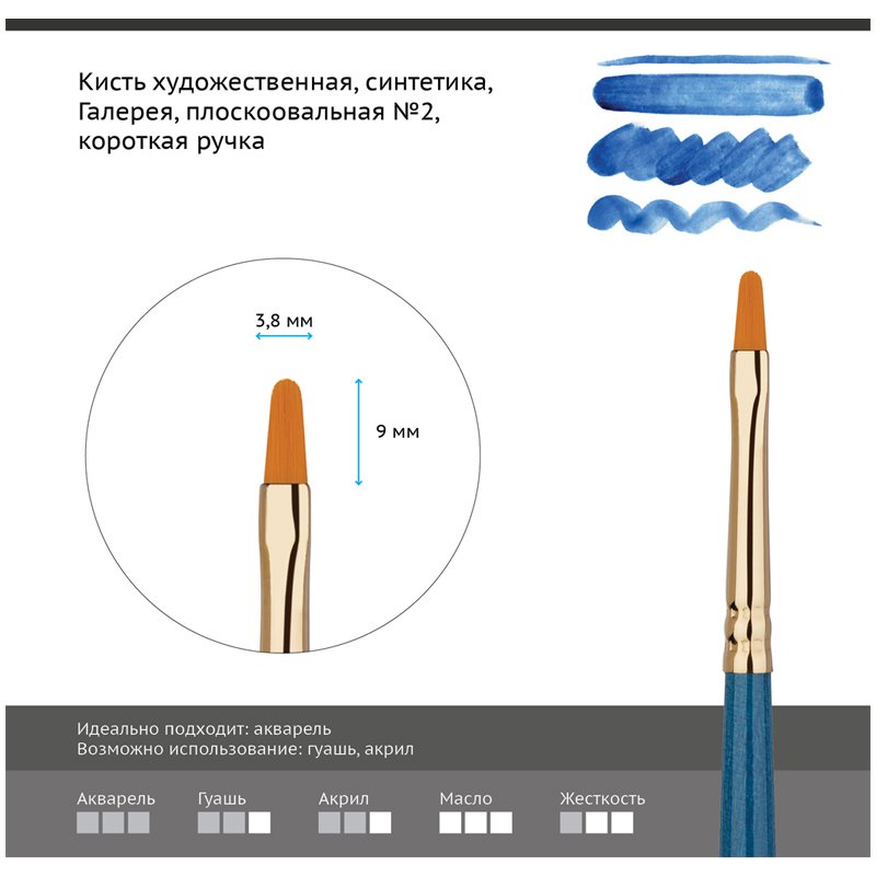 Кисть художественная синтетика Гамма «Галерея», плоскоовальная №2, короткая ручка