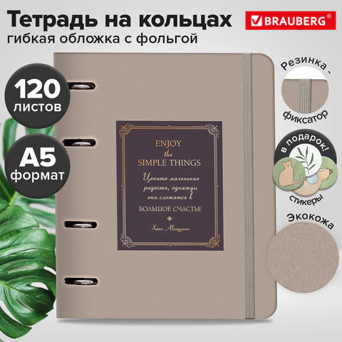 Тетрадь на кольцах А5, 180×220 мм, 120 л., под кожу, фольга, резинка, стикеры, BRAUBERG, «Винтаж»
