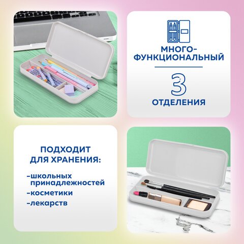 Пенал пластиковый BRAUBERG, серый, наклейки в комплекте, 21×9х3 см