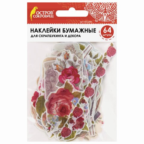 превью Наклейки для скрапбукинга РОЗЫ из washi-бумаги, 64 штуки, 32 дизайна, ОСТРОВ СОКРОВИЩ