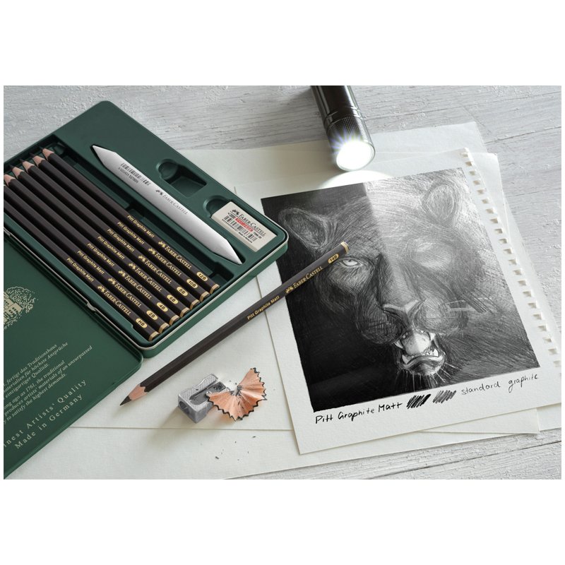 Набор карандашей ч/г матовых Faber-Castell «Pitt Graphite Matt» HB, 2B, 4B, 6B, 8B, 10B, 12B, 14B, заточ, ластик, метал. точилка, растушевка, метал. кор