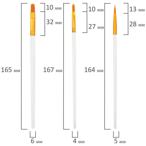 Кисти набор 10 шт., синтетика, белые, № 2/0-8 (Круглые; Овальные; Плоские; Лайнеры), WBZ