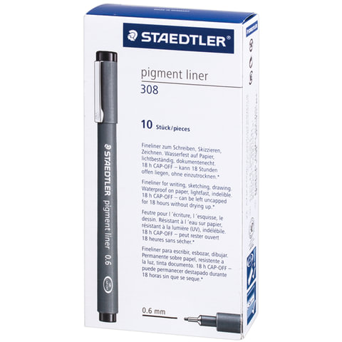 Ручка капиллярная STAEDTLER «Pigment Liner», ЧЕРНАЯ, корпус серый, линия письма 0.6 мм