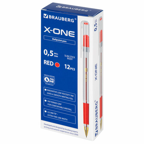Ручка шариковая с грипом BRAUBERG «X-ONE», КРАСНАЯ, корпус прозрачный, узел 0.5 мм, линия письма 0.35 мм