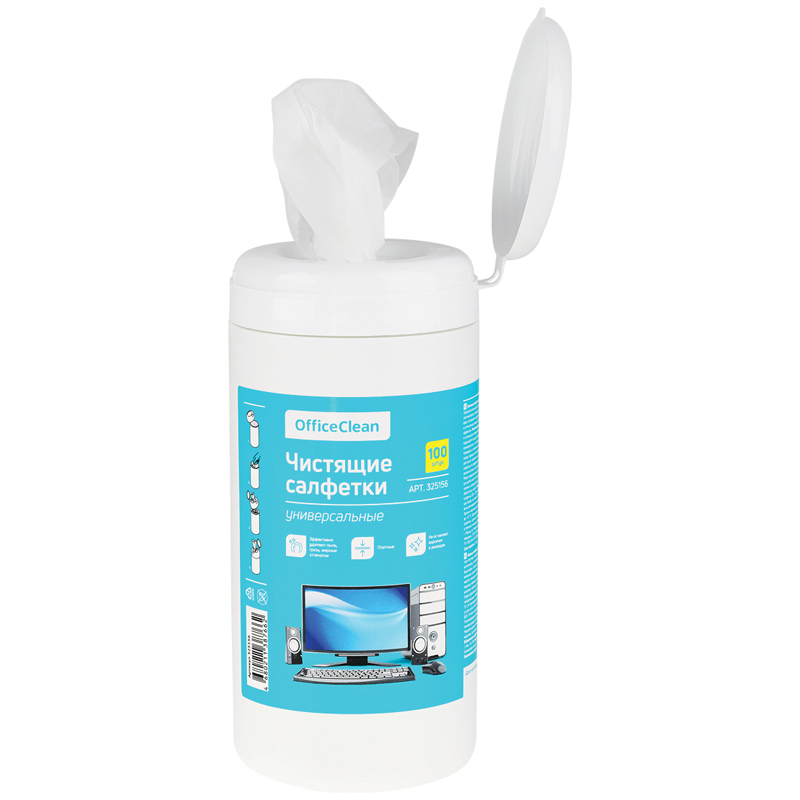 Салфетки чистящие влажные OfficeClean, универсальные, в тубе, плотные, 100шт. 