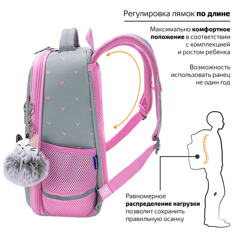 Ранец BRAUBERG LIGHT, 1 отделение, с брелоком, «Cat patches», плюшевые нашивки, 36×26х13 см