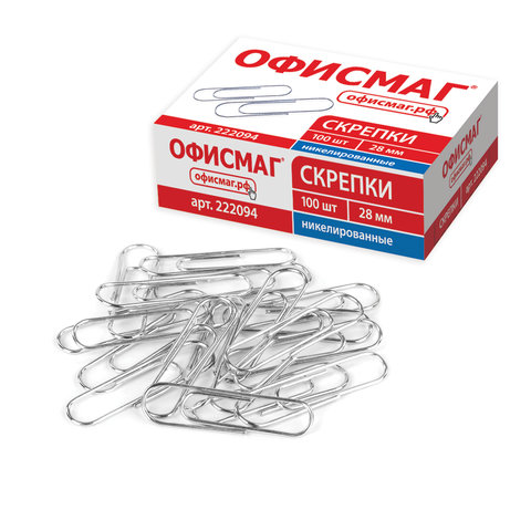 Скрепки ОФИСМАГ 28мм никелированные, 100шт., в карт. коробке