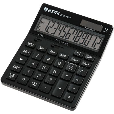 Калькулятор настольный Eleven SDC-333X-BK, 12 разрядов, двойное питание, 125×155×31мм, черный