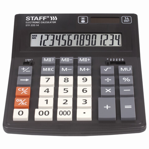 Калькулятор настольный STAFF PLUS STF-333 (200×154 мм), 14 разрядов, двойное питание
