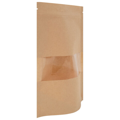 Пакеты дой-пак с замком ZIP LOCK, крафт с окном 50 мм, 140×200 + 40 мм, КОМПЛЕКТ 100 штук, 150 мкм, BRAUBERG