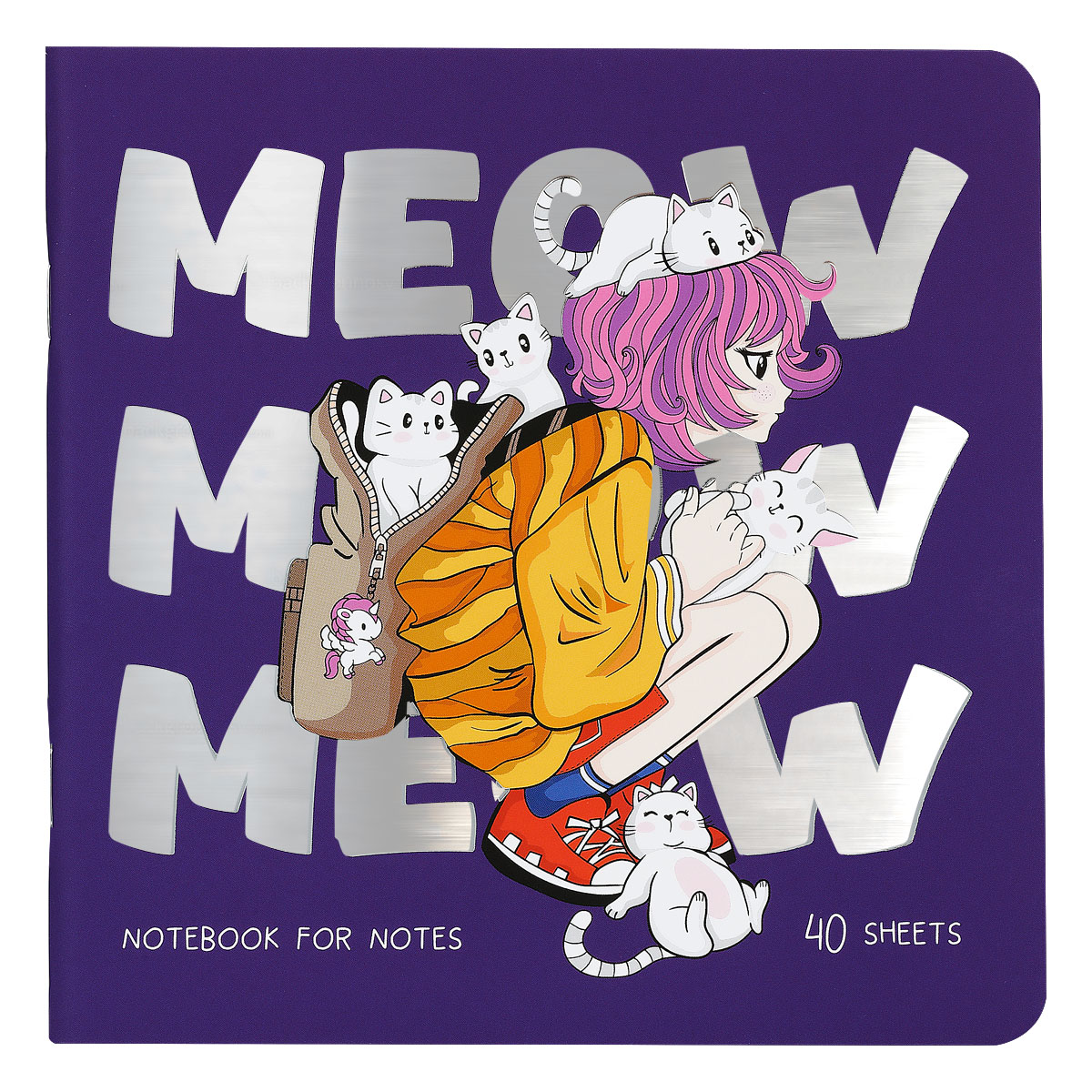 Записная книжка 170×170 мм 40л. на скрепке MESHU «Meow», soft-touch ламинация, тиснение фольгой, блок без линовки, 80г/м2