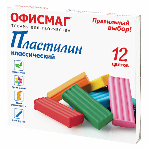 превью Пластилин классический ОФИСМАГ, 12 цветов, 240 г, СО СТЕКОМ