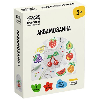 Аквамозаика ТРИ СОВЫ «Фруктовый компот», набор инструментов и аксессуаров, трафареты, картонная коробка 11×14см
