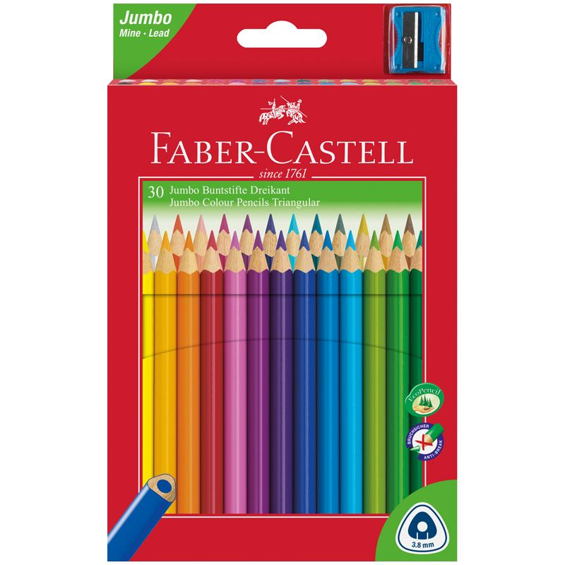 превью Карандаши цветные Faber-Castell «Jumbo» 30цв., трехгран., утолщ., заточен., картон, евр., с точилкой