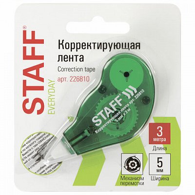 Корректирующая лента STAFF, 5 мм х 3 м, корпус зеленый, с подкручиванием, блистер