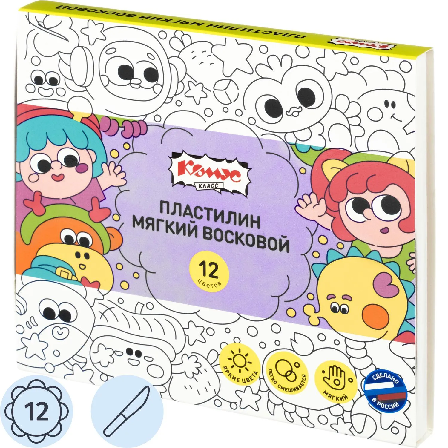 превью Пластилин мягкий восковой Комус Класс Миники 12 цв/наб, 180 г, со стеком