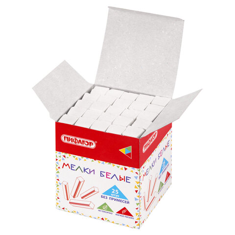 Мел белый БЕЗ ПРИМЕСЕЙ квадратный 25 штук, мягкое письмо, ПИФАГОР, картонная упаковка