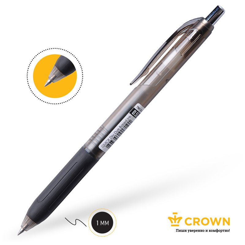 Ручка шариковая автоматическая Crown «Quick Dry» черная, 0.5мм, грип, гибридные чернила