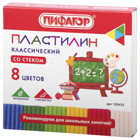 превью Пластилин классический ПИФАГОР ШКОЛЬНЫЙ, 8 цветов, 120 г, со стеком, 105433