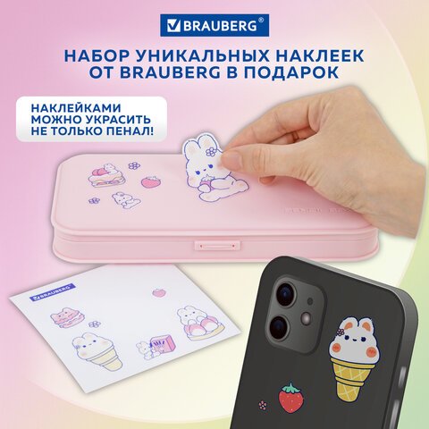Пенал пластиковый BRAUBERG, пастельный розовый, наклейки в комплекте, 21×9х3 см