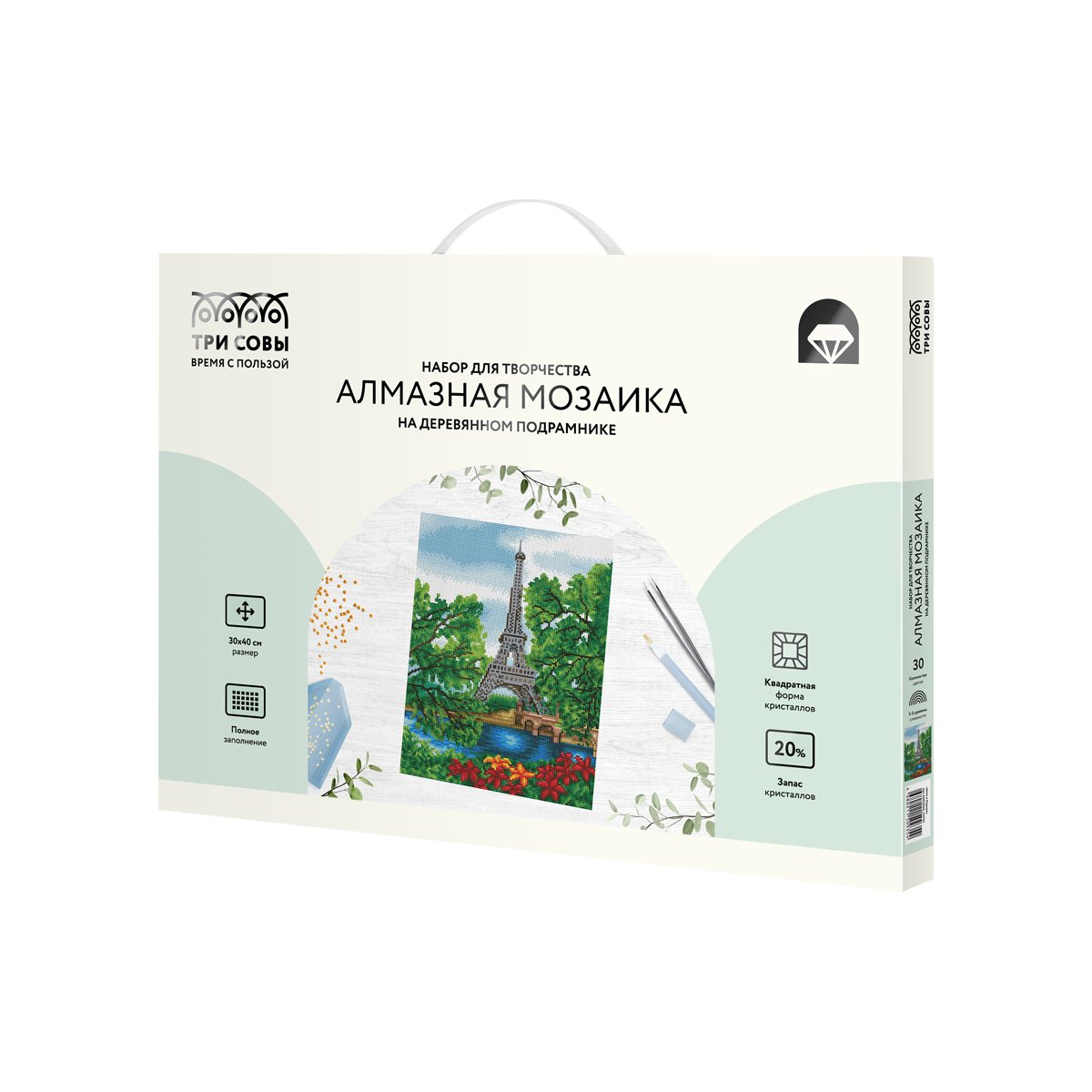 Алмазная мозаика ТРИ СОВЫ «Лето в Париже», 30×40см, холст на деревянном подрамнике, картонная коробка с пластиковой ручкой